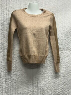 Central Park West Camel Crewneck Sweater with Contrast faux leatherSleeve